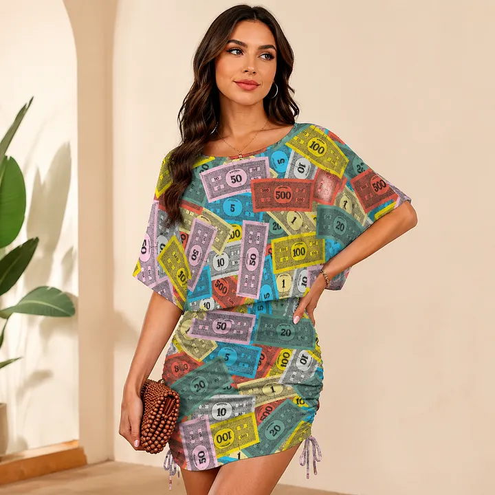 money bodycon dress SFneewho® Vintage Monopoly Board Game Bill Ruched Side Women Batwing Sleeve Slouchy Night Out Mini Dress Mini Dress