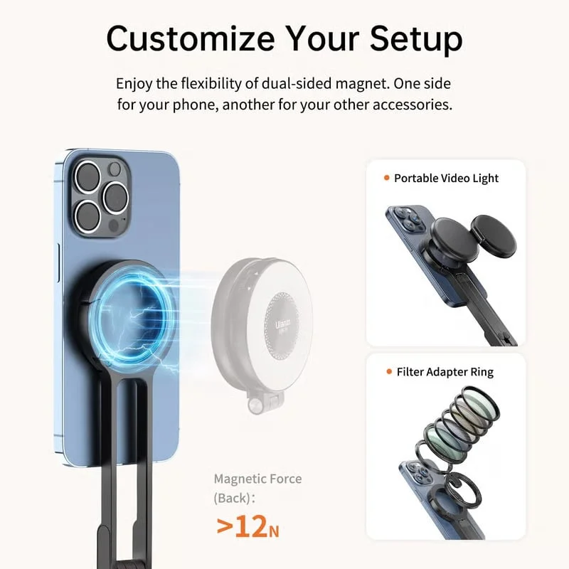 Magnetic Phone Tripod for iPhone. Portable Phone Holder Mini Tripod for Magsafe with Double-Sided Strong Magnetic 1/4'' Arri Locating Hole Foldable Hook