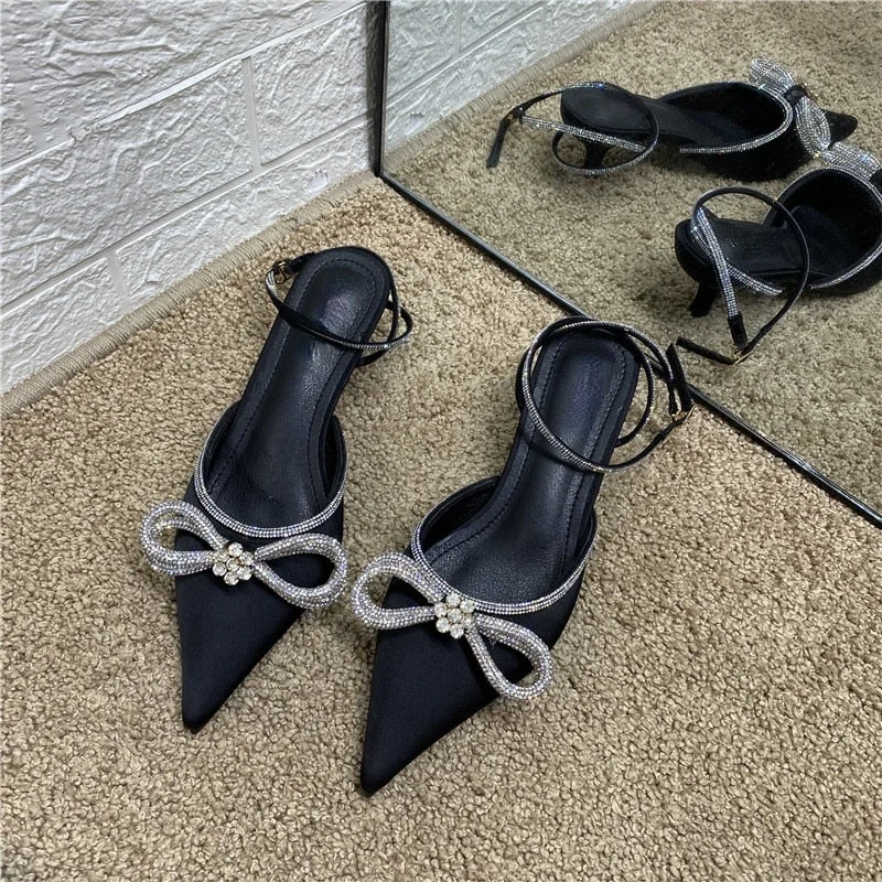 2021 New Buckle Stiletto Heel High Heels Pointed Toe Rhinestone Bow Bandage Sandals