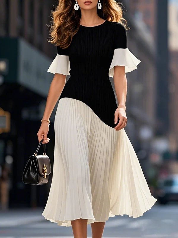 Flared Sleeves Half Sleeves Pleated Split-Joint Round-Neck Midi Dresses