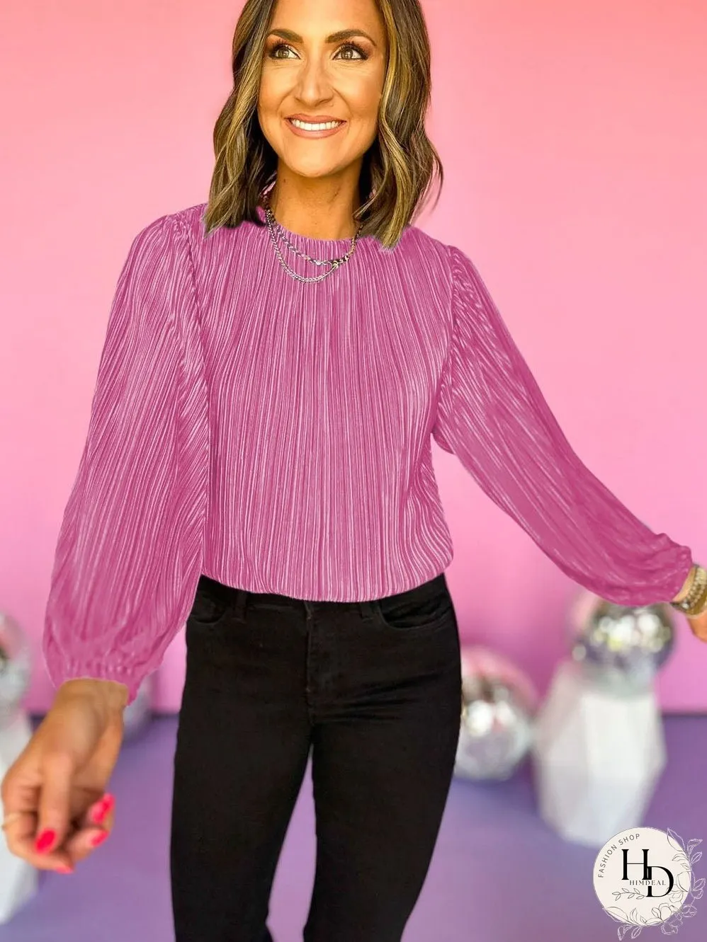 Lustrous Pink Pleated Bonbon Blouse with Puff Sleeves