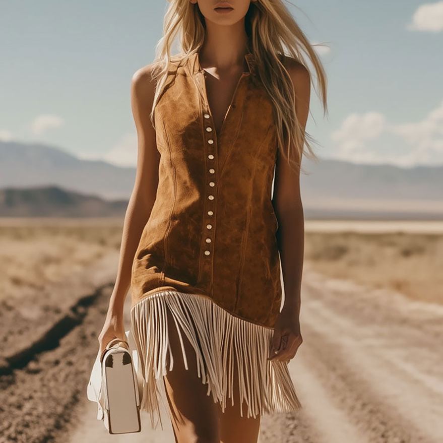 Casual Vintage Mocha Mousse Brown Suede Sleeveless Tassel Mini Dress