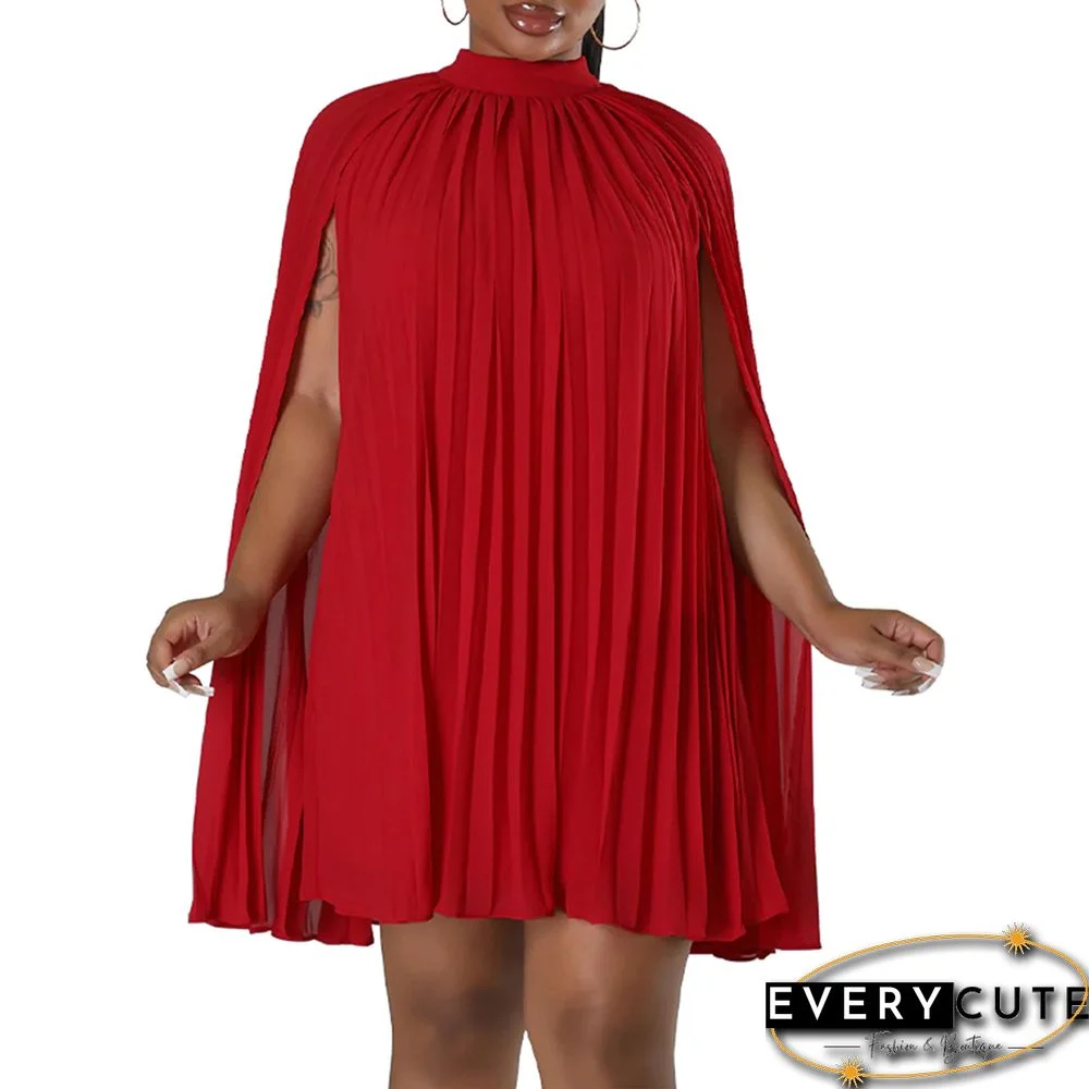 Red Mock Neck Pleated Cape Dress