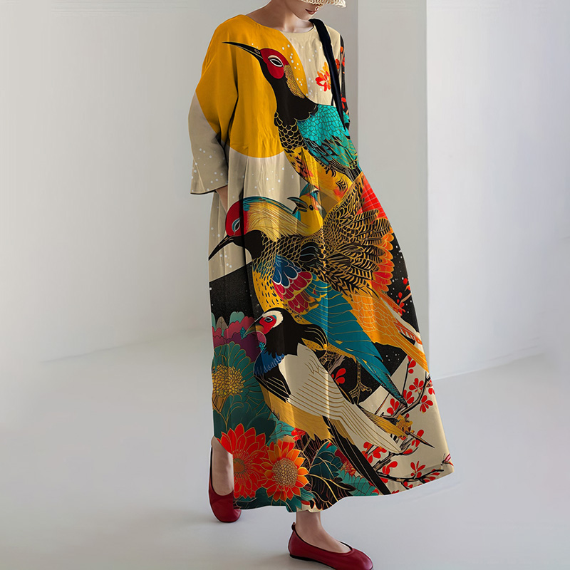 Women's Retro Japanese Floral And Bird Art Print Midi Dress artswardrobe
