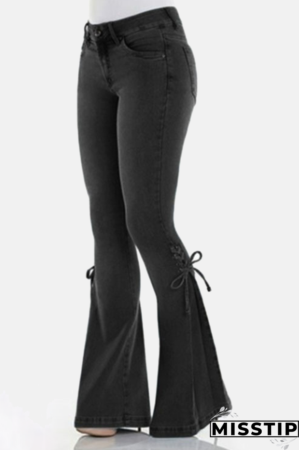 Black Casual Street Solid Patchwork Cross Straps Boot Cut Mid Waist Wide Leg Bottoms