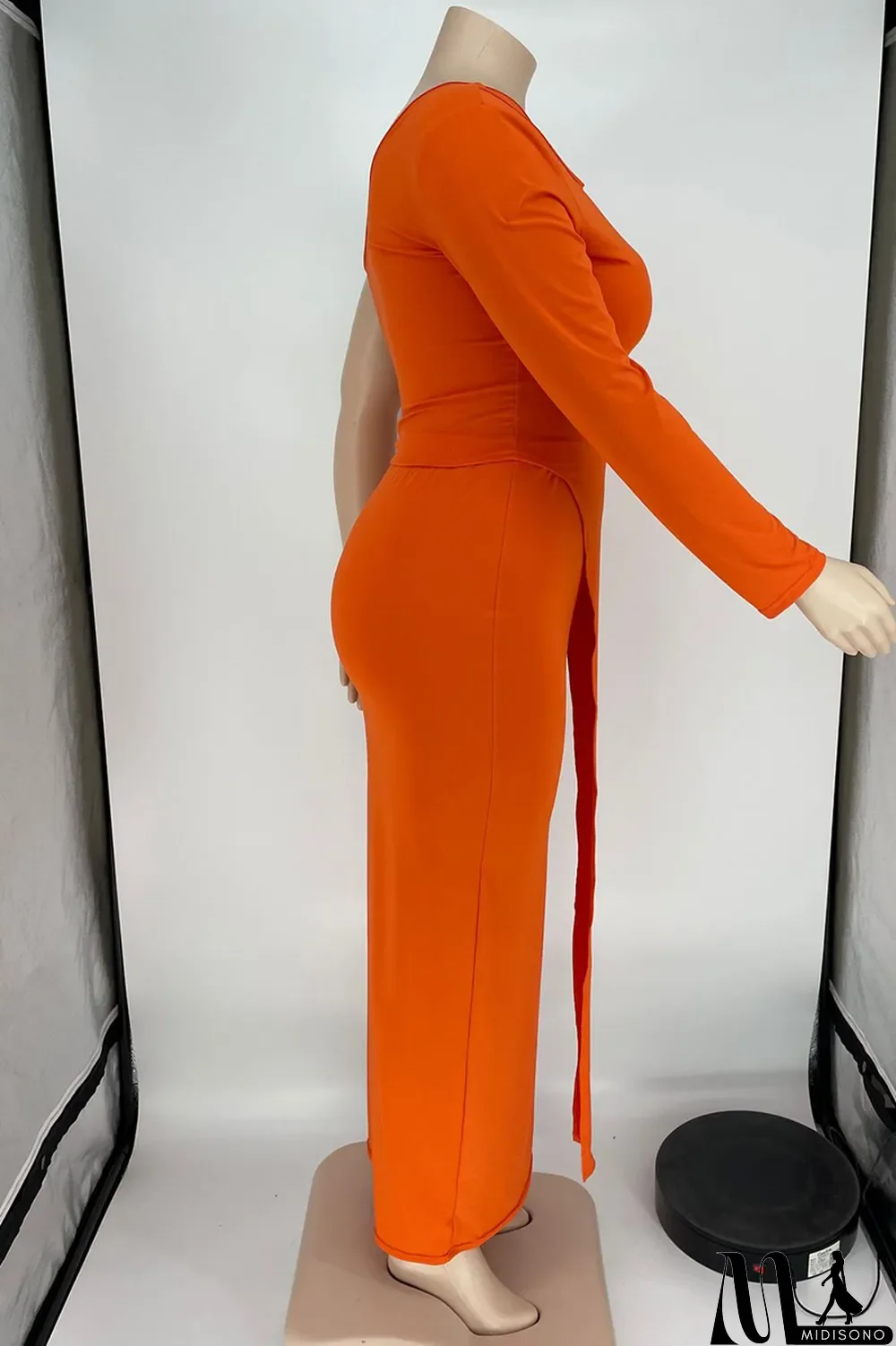 MidiSono - Tangerine Red Casual Solid Split Joint Off the Shoulder Pencil Skirt Plus Size Two Pieces