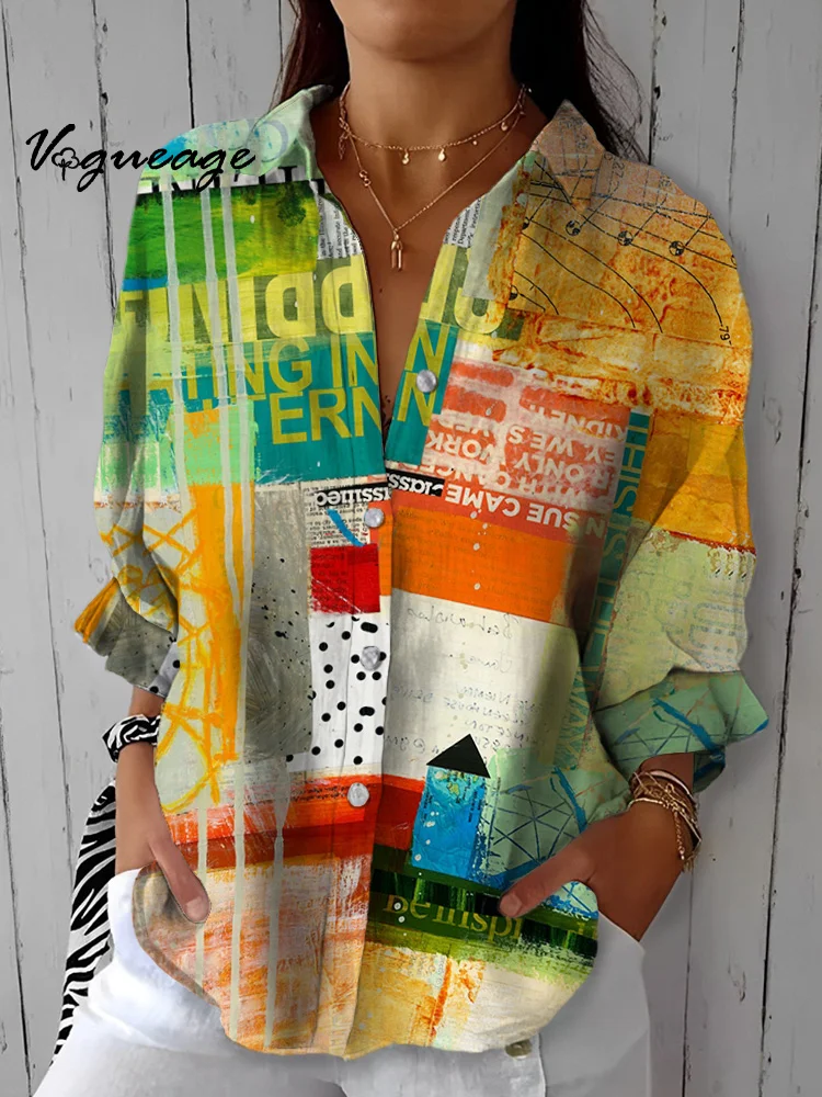Stylish Retro Graffiti Color Block Letters Printed Cotton And Linen Shirt