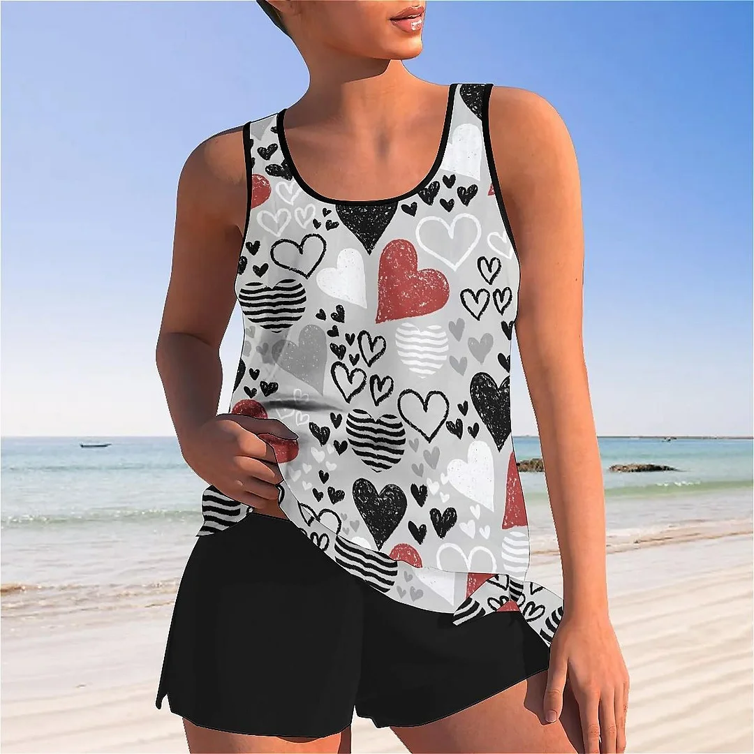 Bowknot Heart,Love,Valentine's Day Mid Waisted Tankini Set - Plus Size Available