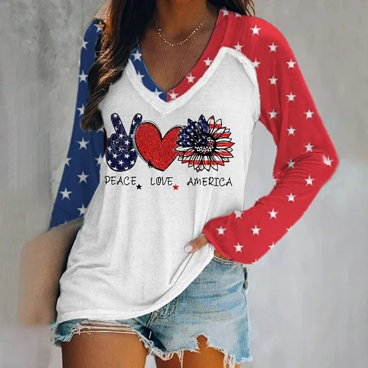 Comstylish Peace Love America America Flag Print T Shirt