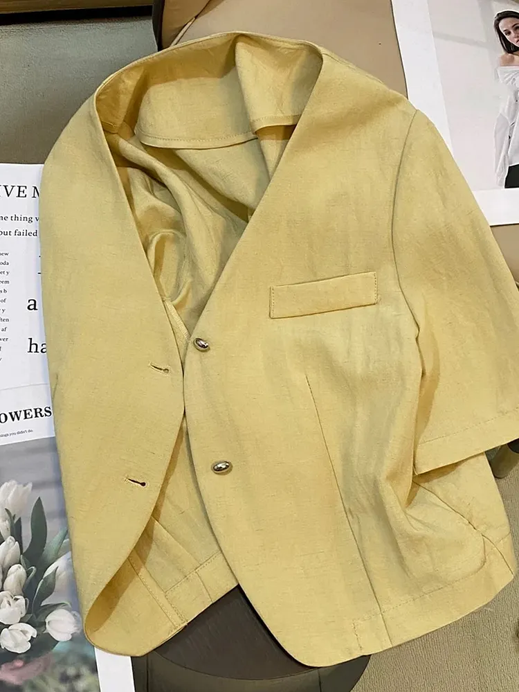Womens Lightweight Casual Short Sleeve Blazer Vibrant Yellow Button-Up With Chest Pocket