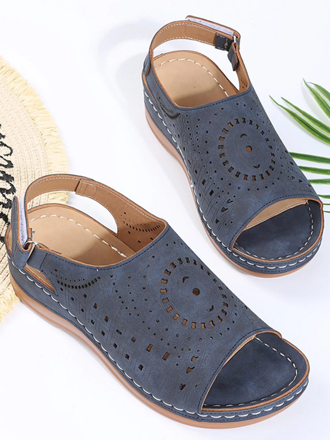 Ethnic Pattern Punched Hollow Velcro Vintage Sandals