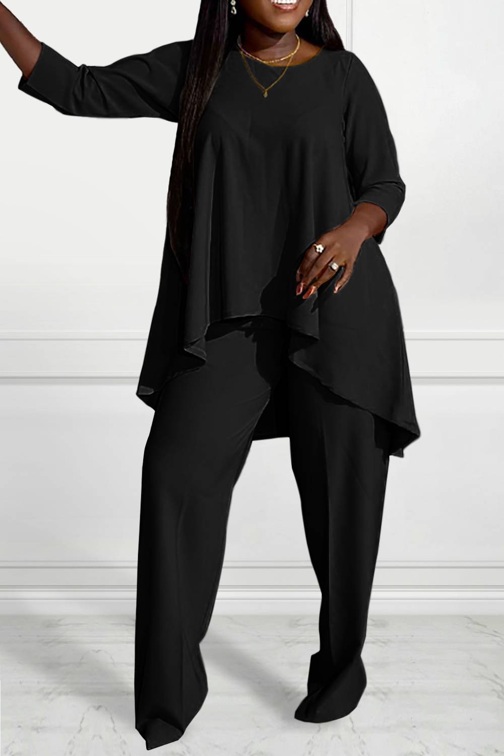 Plus Size Casual Pant Set Black Round Neck Short Sleeve Irregular Two Piece Pant Set