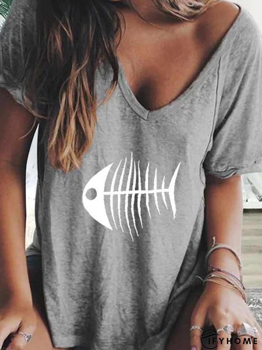 Casual V Neck Cotton-Blend T-shirt | IFYHOME