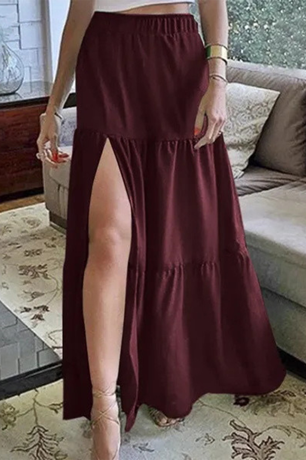 Plus Size Casual Green Elastic High Waist Slit Tiered Maxi Skirt 2024 - Flycurvy 