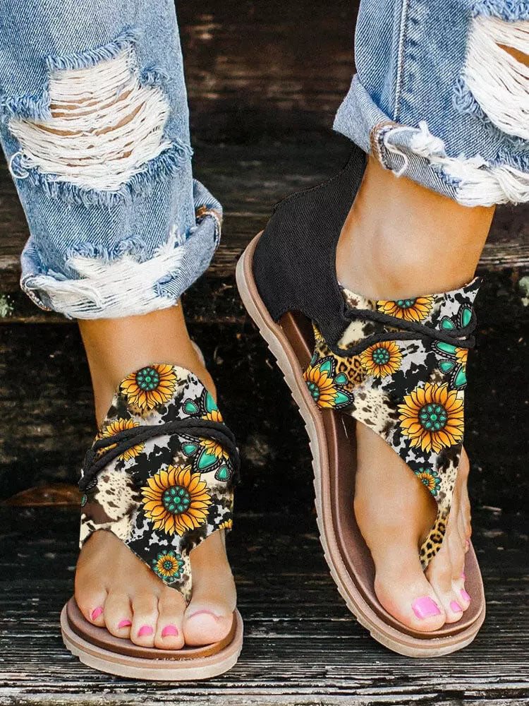 Sunflower Turquoise Cow Flat Thong Sandals