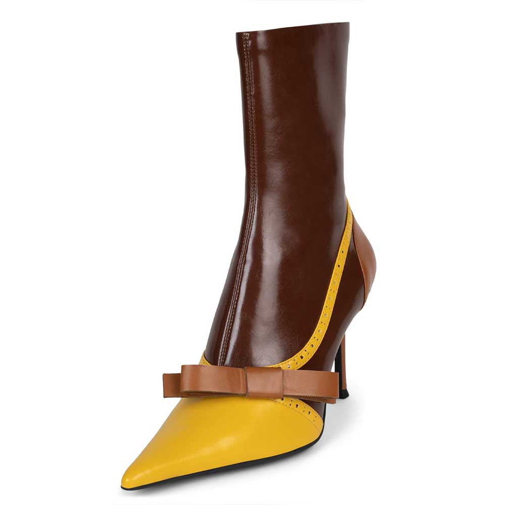 Brown & Yellow Pointed Toe Bow Stiletto Heel Patchwork Ankle Boots Nicepairs
