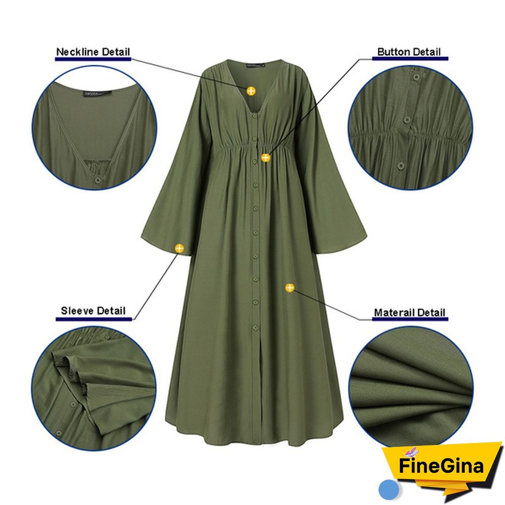 ZANZEA Women Summer V-Neck Long Sleeved Plus Size Casual Loose Long Dress Clubbing Dresses