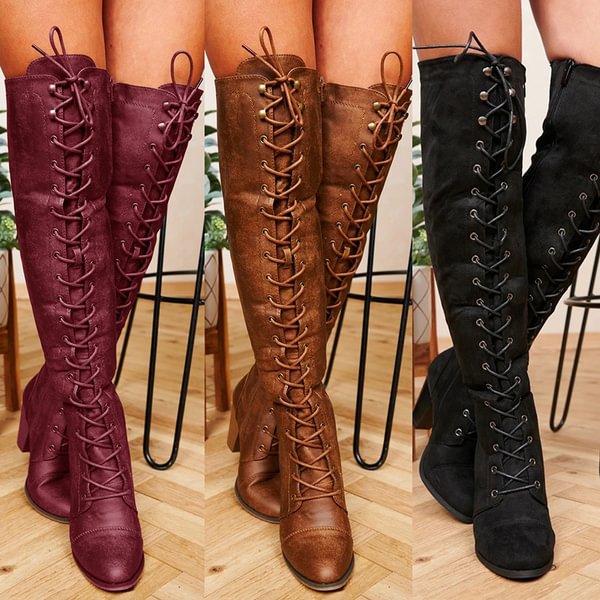 Women Plus Size Front Lace Up Knee High Boots Fashion Casual Thick Heels Tall Boots Lady Classic High Heel Round Toe Thigh Boots - Shop Trendy Women's Clothing | LoverChic
