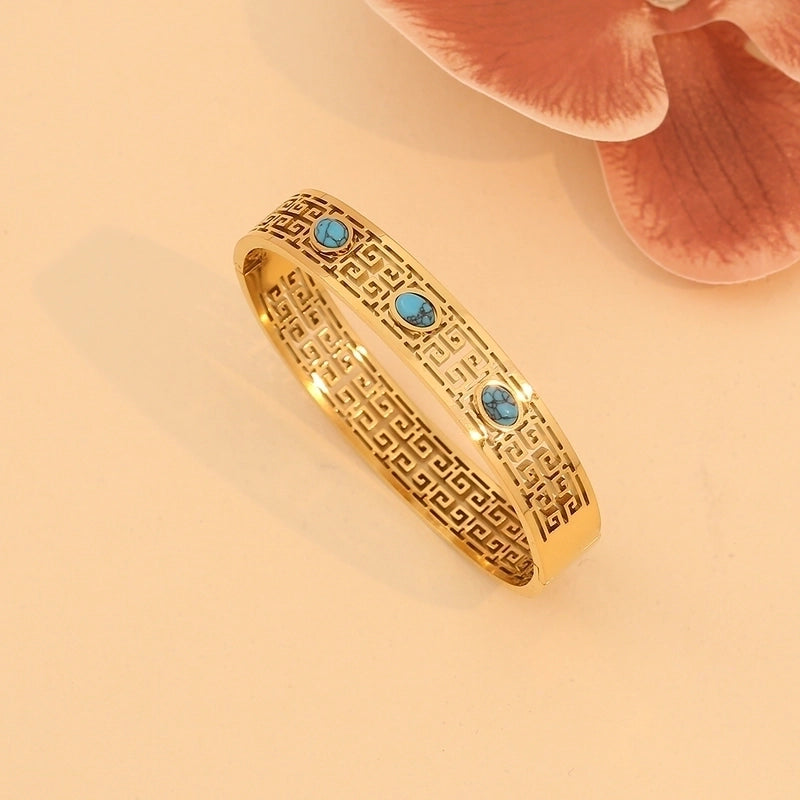 Vintage Style Minimalist Irregular 304 Stainless Steel 18K Gold Plated Turquoise Bangle In Bulk