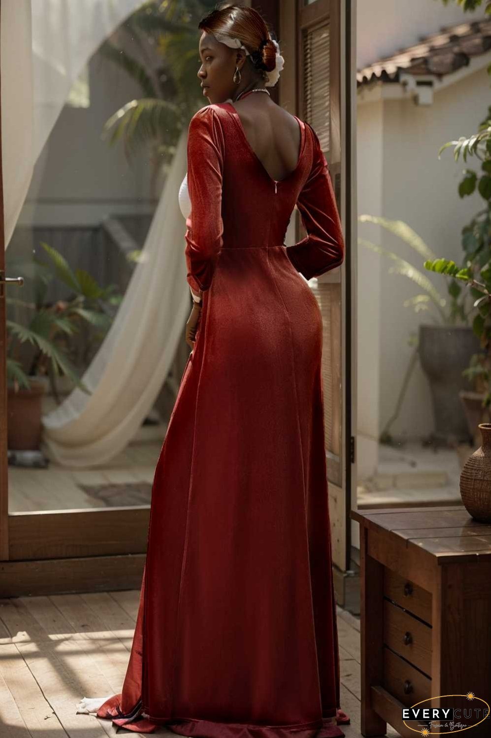 velvet 3 4 length sleeve illusion v neck front slit evening dress