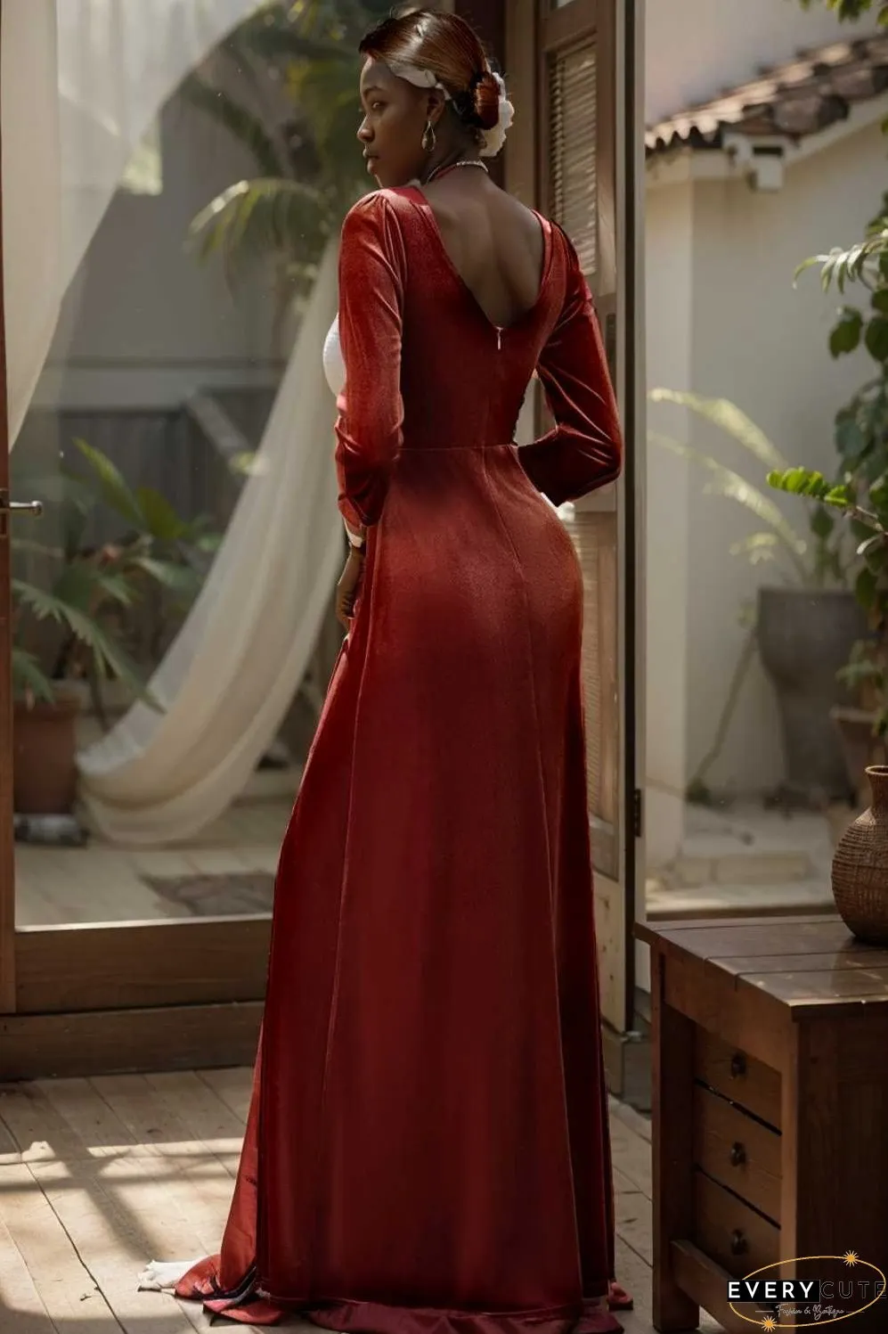 velvet 3 4 length sleeve illusion v neck front slit evening dress