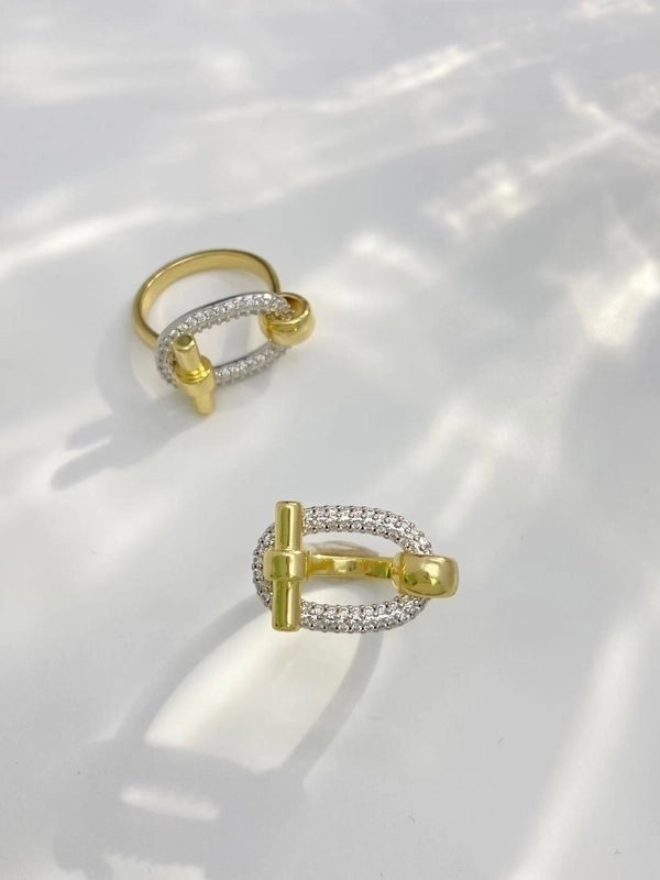 2 Pieces IG Style Oval Copper Zircon 18K Gold Plated Mixed Metal Plating Inlay Rings
