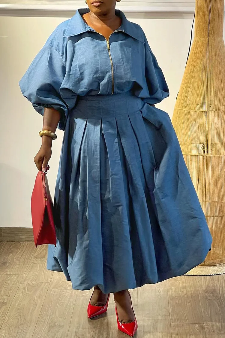 Plus Size Daily Blue Shirt Collar Lantern Sleeve Long Sleeve Pleated Casual Pocket Two Piece Skirt Sets [Pre-Order]