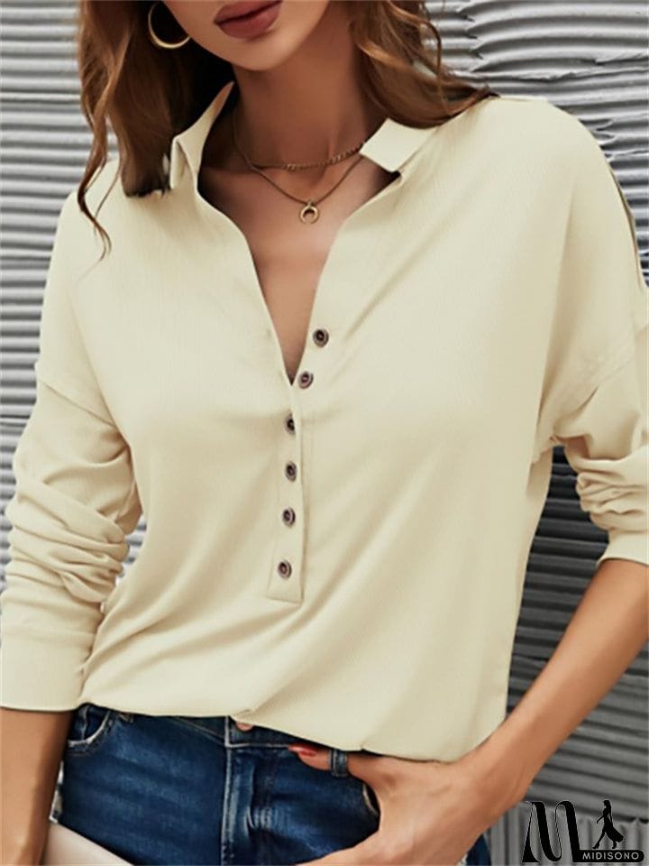MidiSono - Women's Spring V Neck Button Design Pullover Slim Fit Blouses