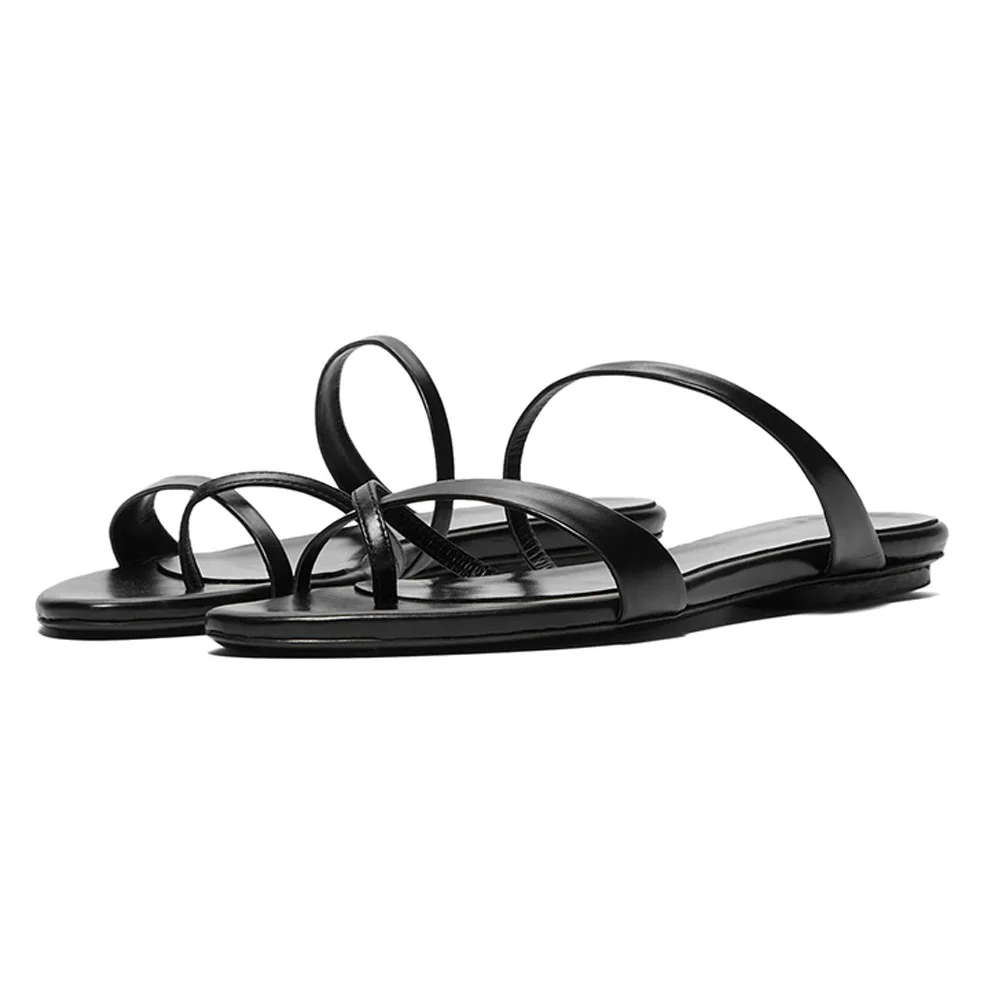 Classic Black Strappy Flip Flop Open Toe Flat Mules for Women