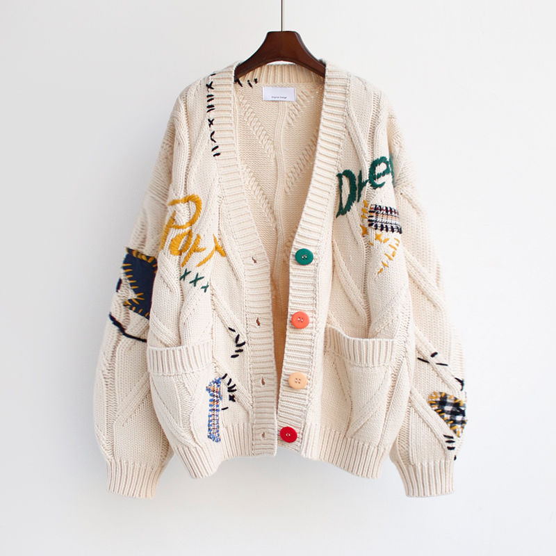 Autumn and Winter Women's Warm Cardigan Knit Sweater Jacket Pocket Embroidery Fashion Knit Cardigan Jacket Ladies Loose Sweater aliexpress Money