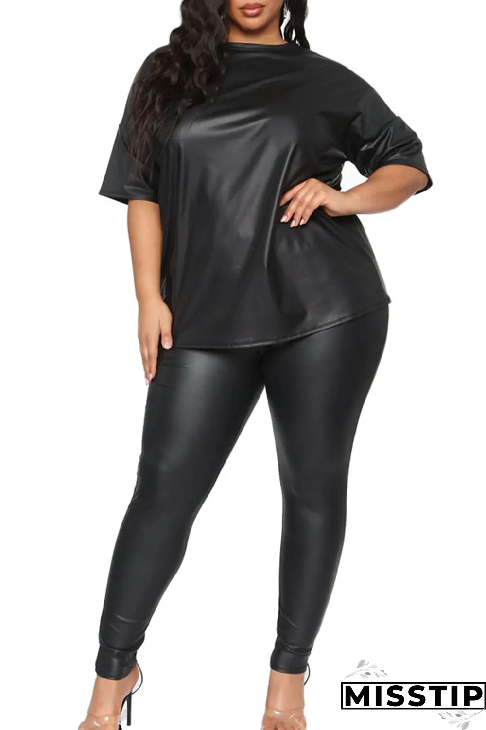 Black Casual Solid Patchwork O Neck Plus Size Two Pieces
