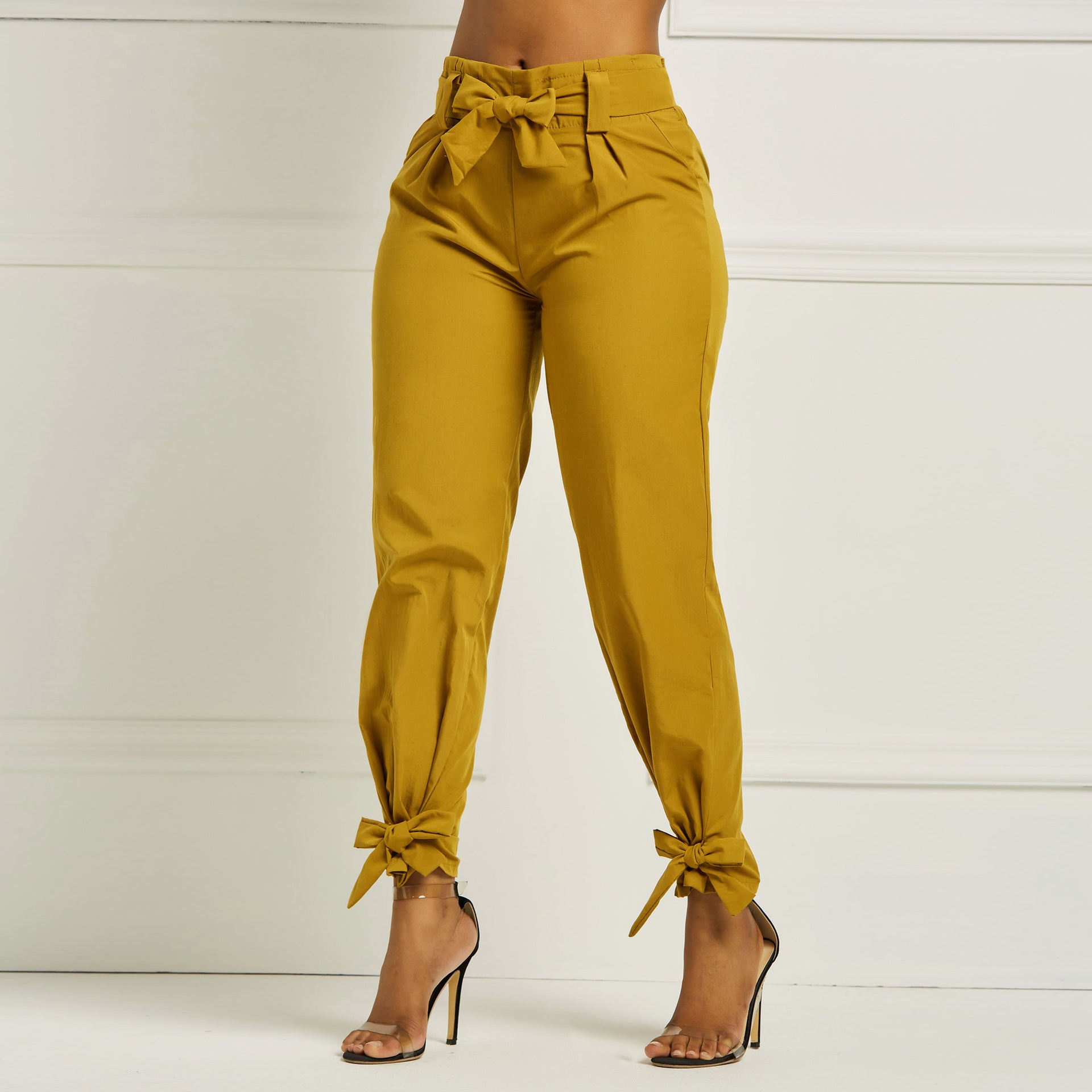 LANFUBEISI 2022 Spring Women Solid Loose Pants Casual High Waist Belt Pocket Bow Tie Ruffles Trousers Women BottomSashes Pants Lanfubeisi