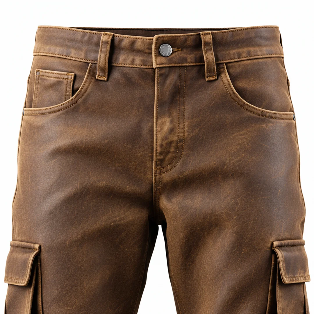 Men's Vintage Brown Leather Cargo Trousers With Wool Decoration