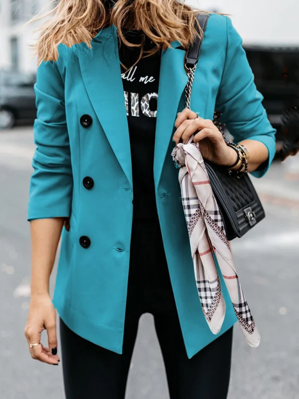 women's long sleeve double breasted button small suit jacket Flusfy