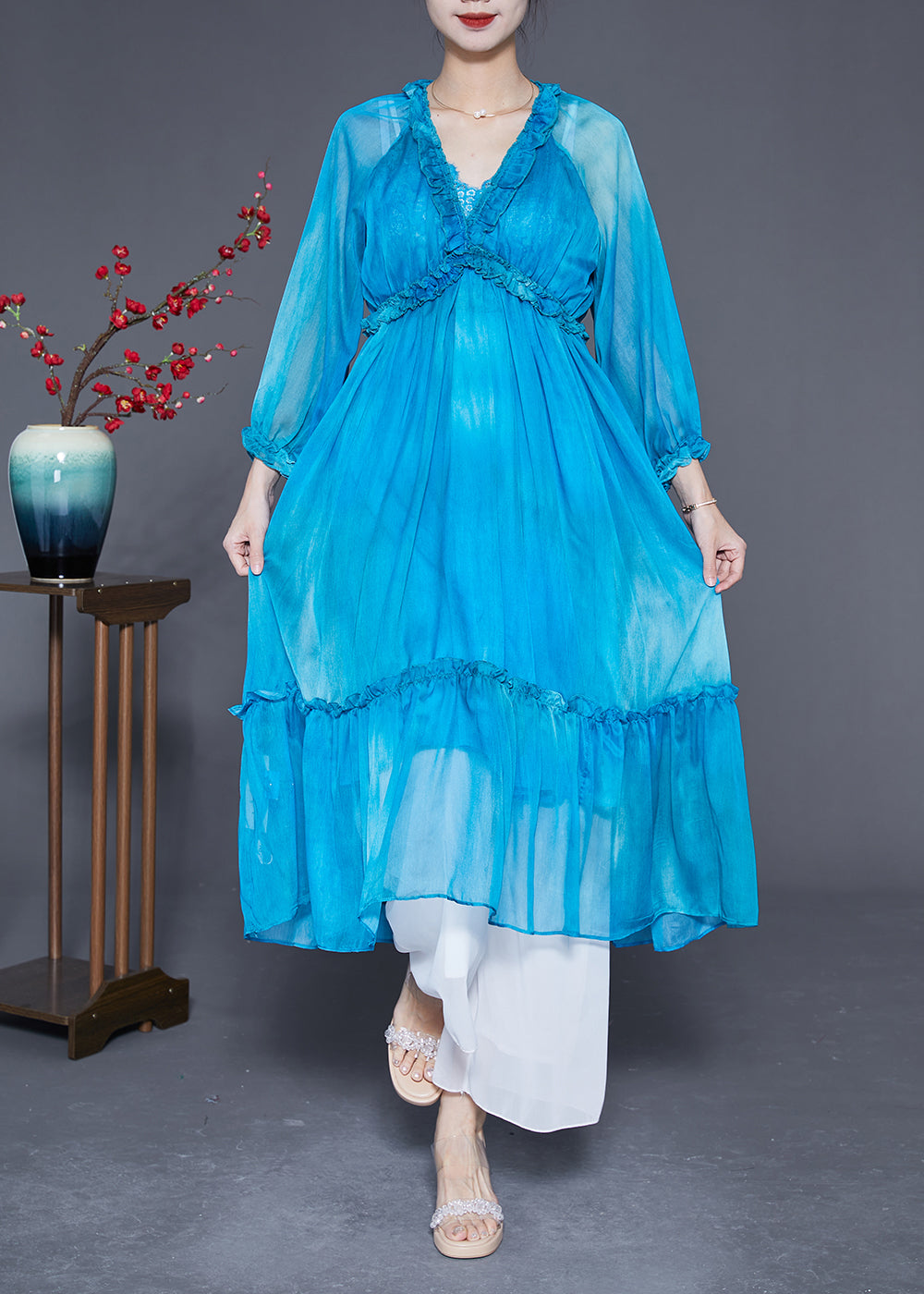 VCSHOES Blue Ruffled Exra Large Hem Silk Vacation Dresses Summer