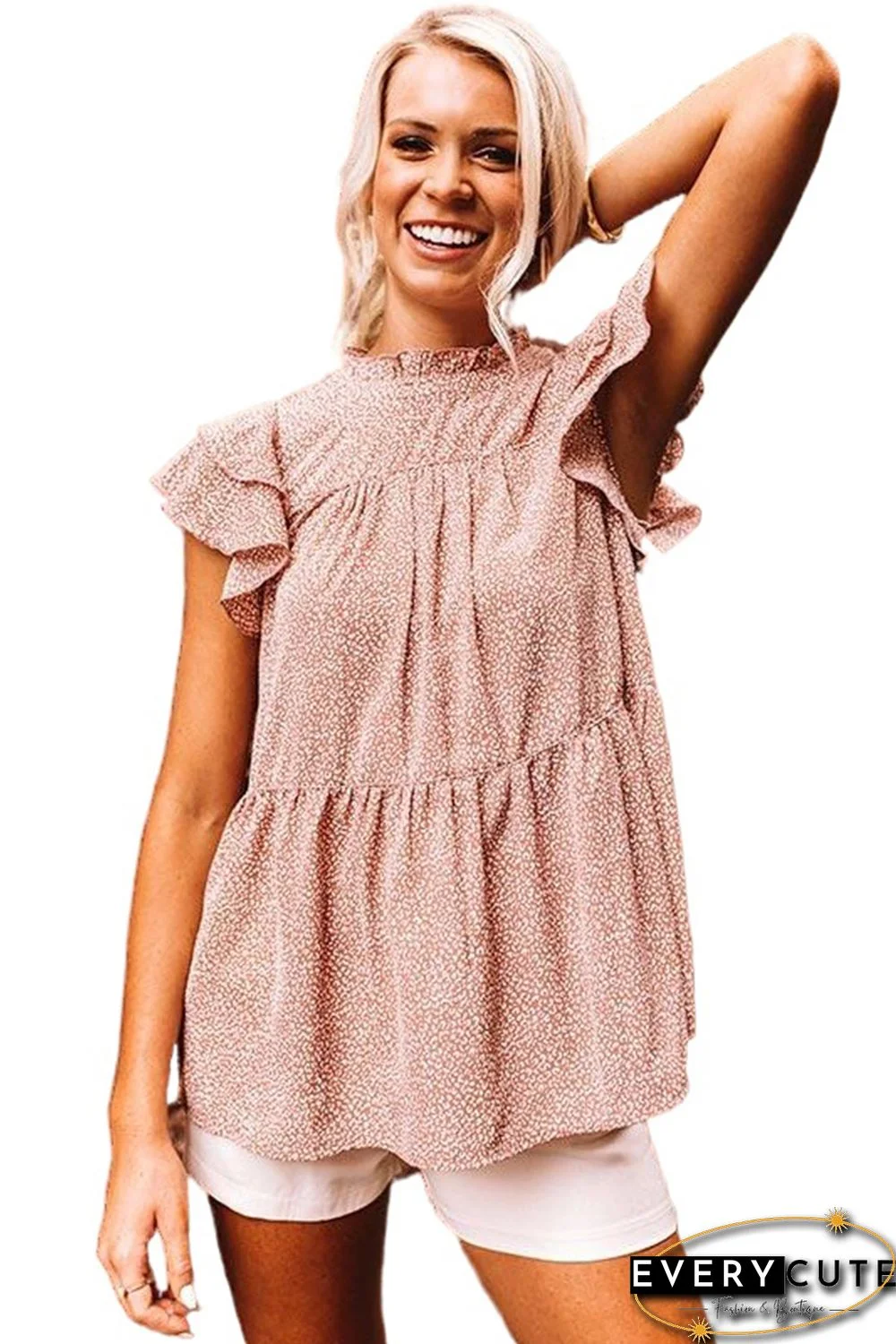 Pink Polka Dot Print Tiered Ruffled Short Sleeve T-shirt