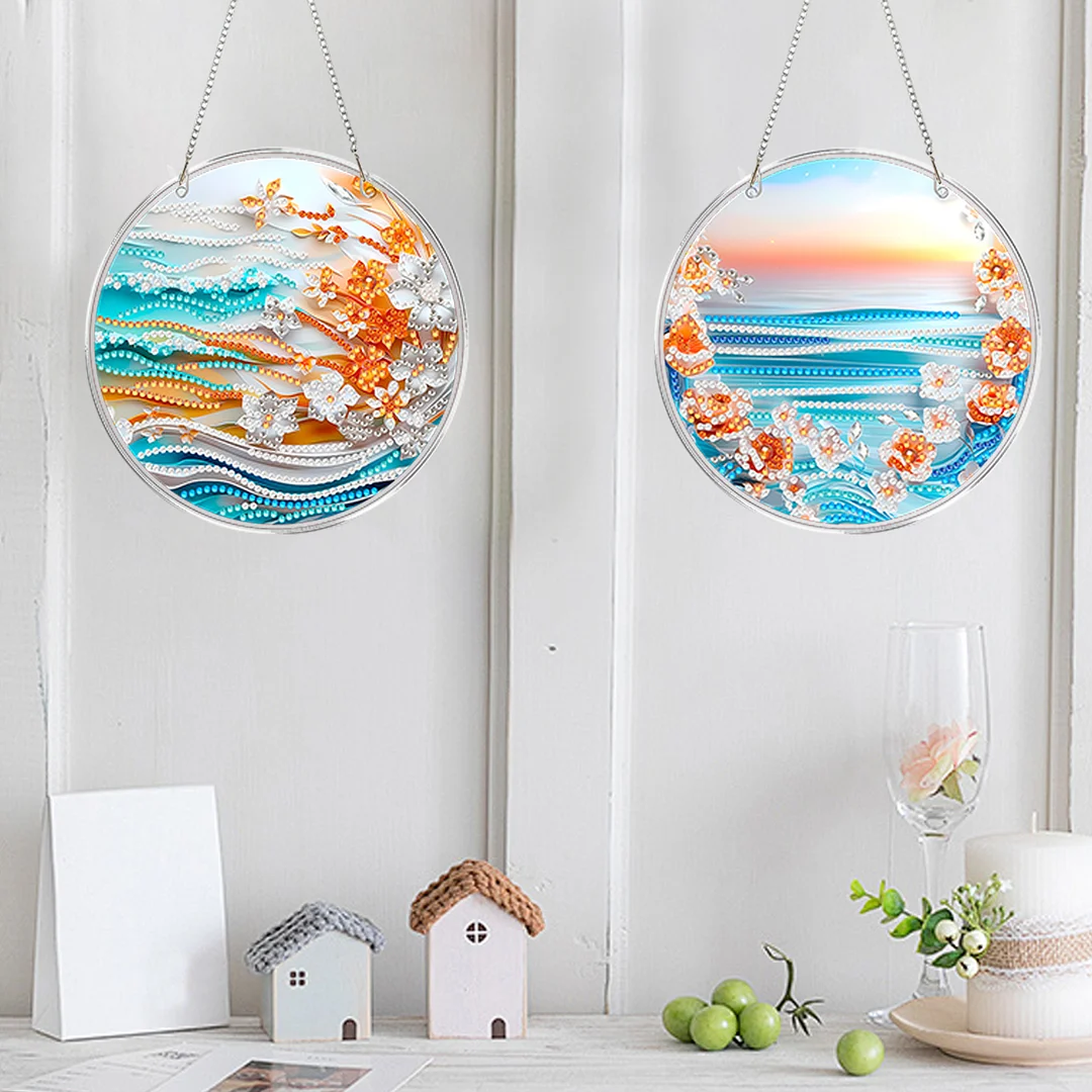 4pcs Beach Flowers DIY 2D Flat Acrylic Diamond Painting Kits Diamond Art Pendant