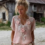 Vintage Boho Pink Roses Embroidered Cozy Linen Shirt - Image 2