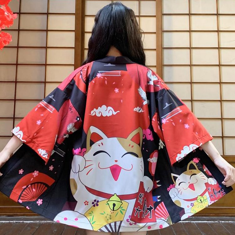 Vintage Anime Lucky Cat Print Cardigan Kimono Outerwear - Modakawa modakawa
