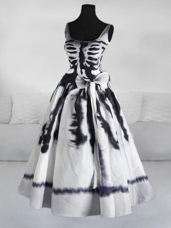 Vintage Skull Color Block Bows Swing Dress(with skirt support)