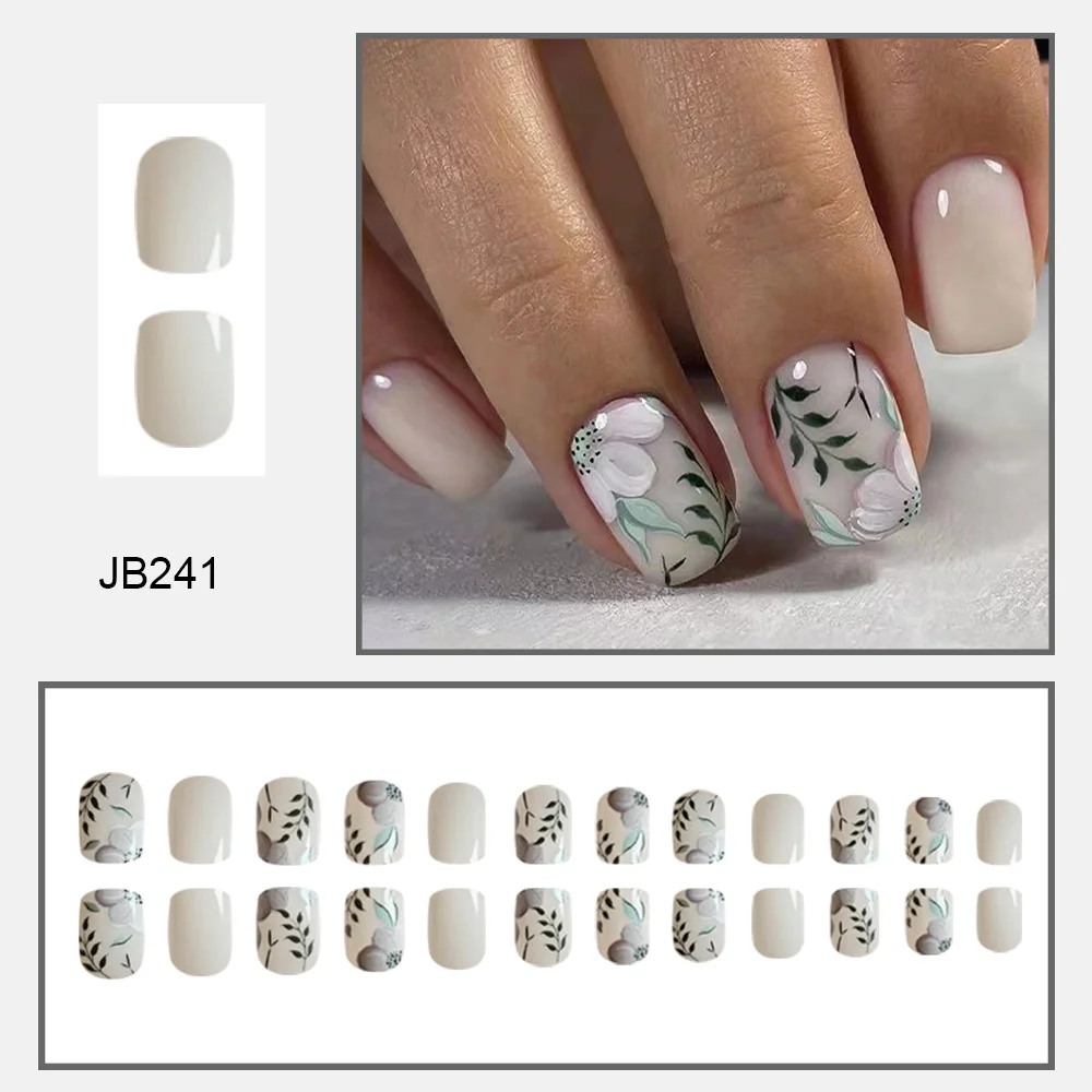 Churchf Flowers Green Leaves Wear Nail Piece Short Square Bright Polish Nail Patch Removable Finished Product