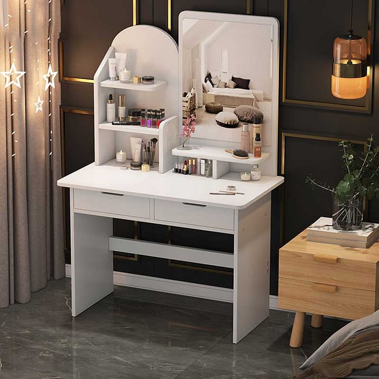 White Round Mirror Multi-Drawer Scandinavian Style Dressing Table