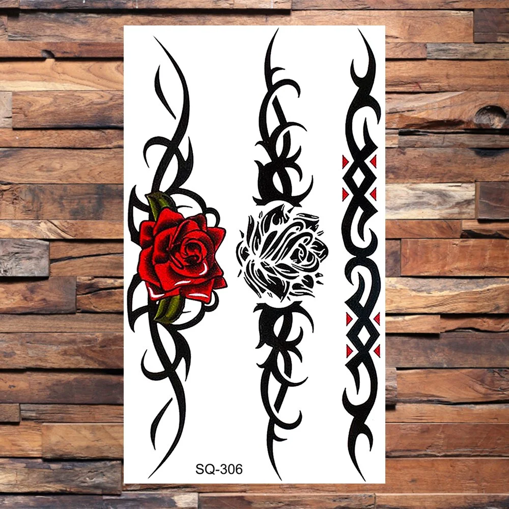 Black Thorns Totem Temporary Tattoos For Adults Women Scorpion Wolf Snake Dragon Flower Fake Tattoo Sticker Arm Neck Tatoos 3D
