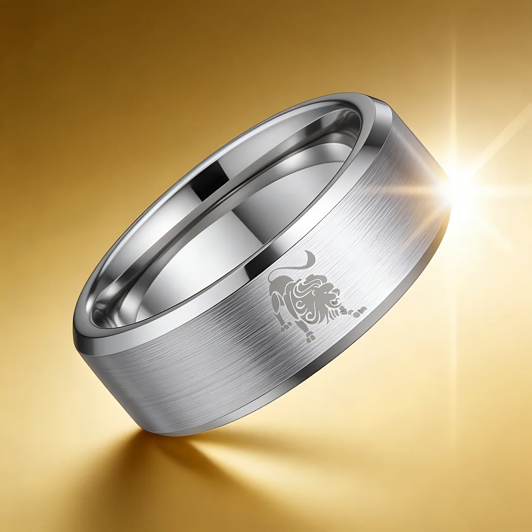 Sliver Leo Tungsten Carbide Rings Beveled Edges Sliver Laser Etched Couple Wedding Bands 4MM 6MM 8MM