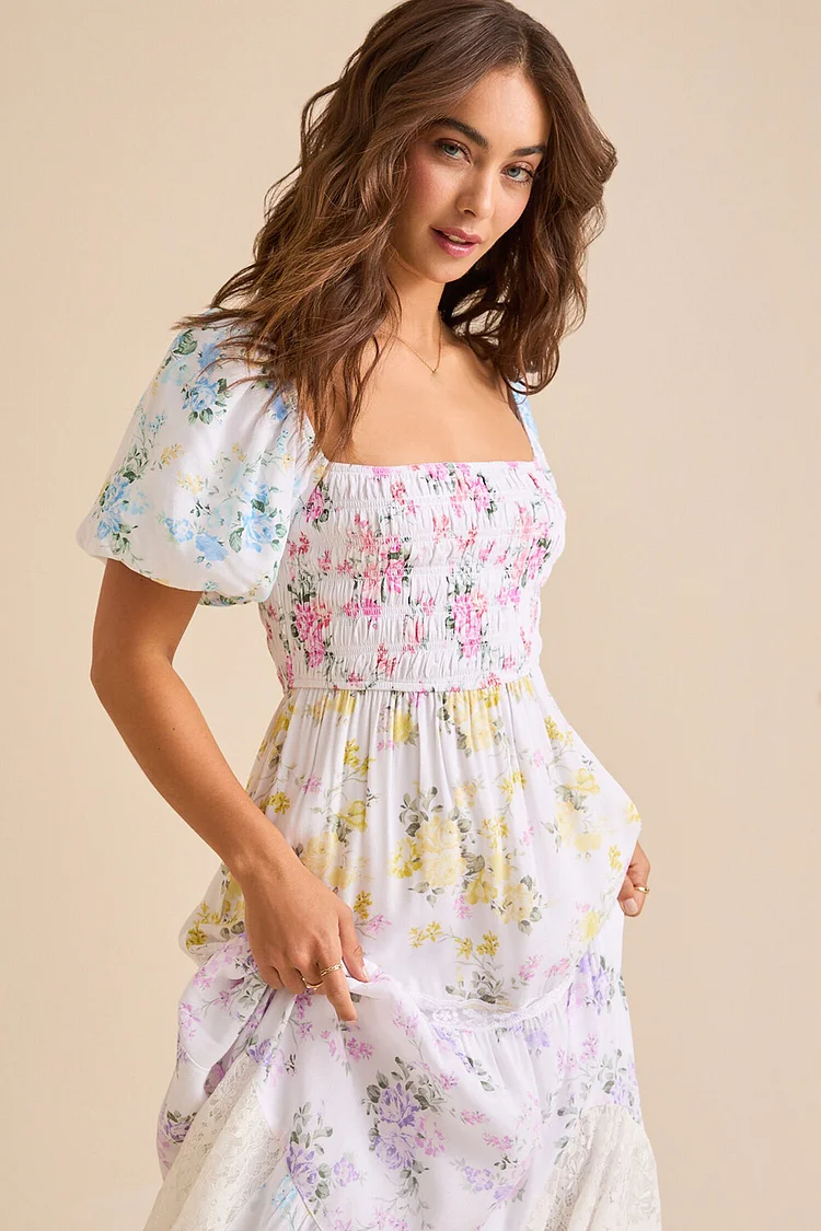 Ditsy Floral Print Puff Sleeve Lace Patchwork Maxi Dresses-White [Pre Order]