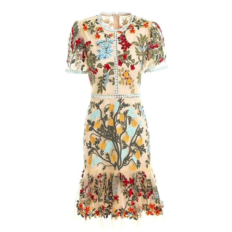 New 2020 Fashion Runway Summer Dress Women's Flare Sleeve Floral Embroidery Elegant Mesh Hollow Out Midi Dresses