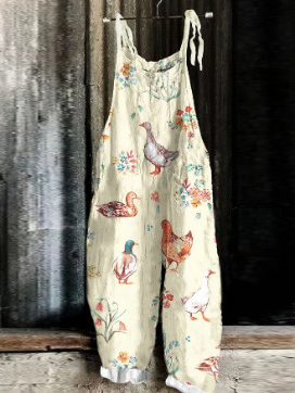 Women's Cute Print Linen Blend Casual Jumpsuit