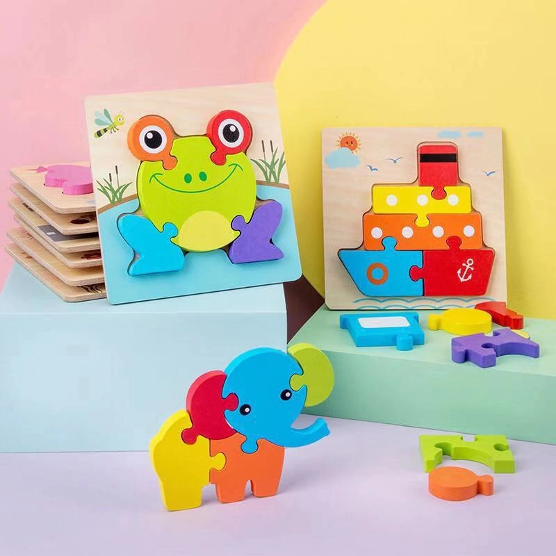 Kindergarten Children’s Enlightenment Early Education Cognition Cartoon Animal Cognition Hand-held Board Wooden Three-dimensional Puzzle Wooden Toys