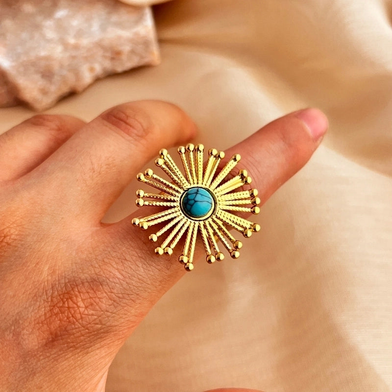 Casual Retro Minimalist Sun 304 Stainless Steel Turquoise 18K Gold Plated Inlay Open Rings