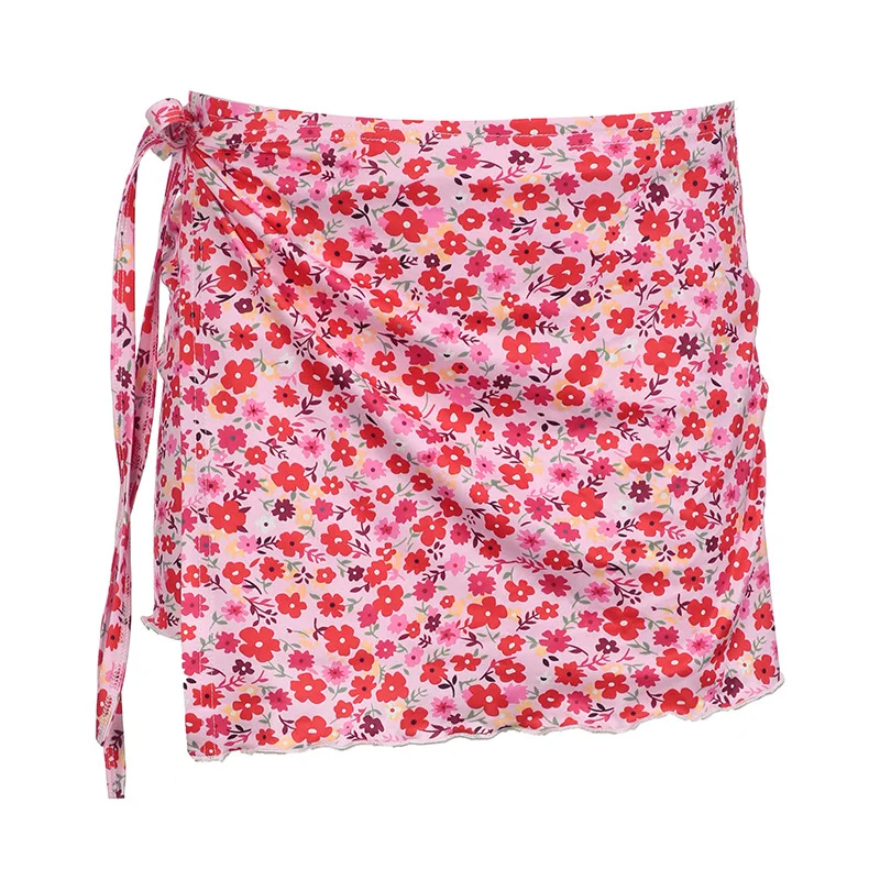 Ueong Broken Flower Holiday Wind Tie Woven Skirt Ins Trend Low Waist Hip Mini Short Skirt Summer New Style
